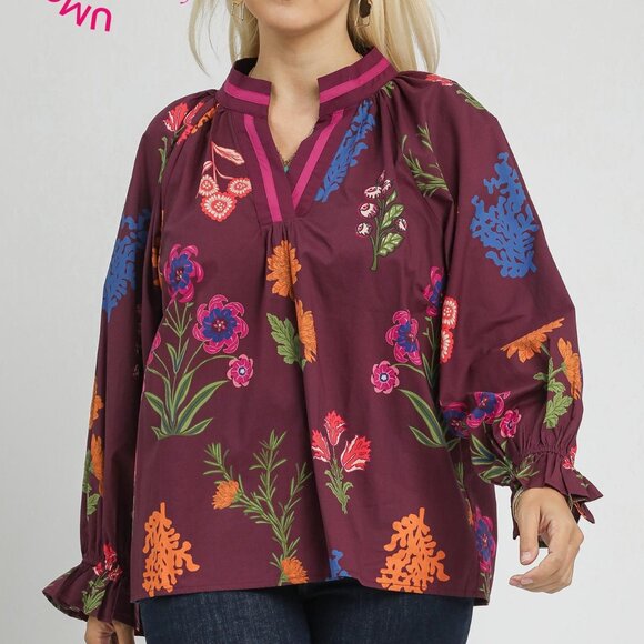 UMGEE Floral Print V Neck Open Collar Top (New) -Burgundy Mix - Picture 5 of 7